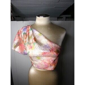 Hello Molly Women's S NWT Floral Chiffon Crop Top One Puff Sleeve Side Zip